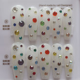 Vibeficant Progel White Handmade Gel Press on Nails Medium Coffin Colorful Rhinestone Design